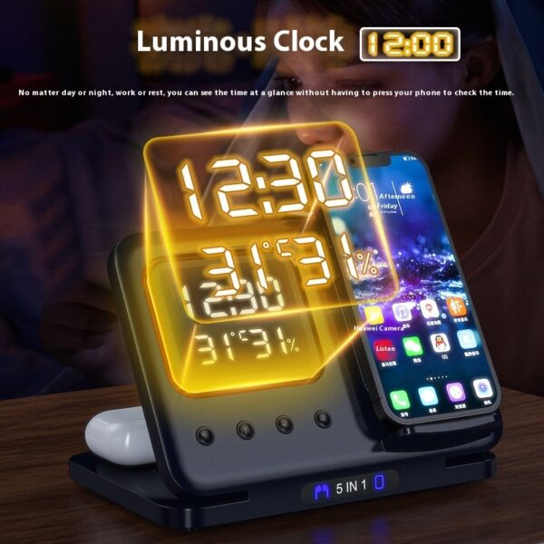 Wireless Charging Station - 15W Fast Charge + Digital Alarm Clock - Image 2