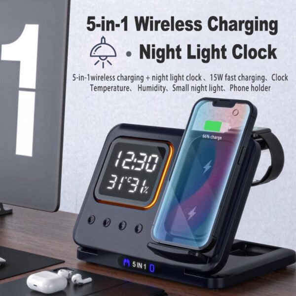 Wireless Charging Station - 15W Fast Charge + Digital Alarm Clock