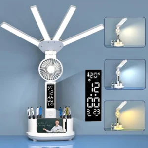 Smart LED Desk Lamp with Touch Display - 3 Color Temperatures, Fan, Adjustable Arm & Phone Holder"